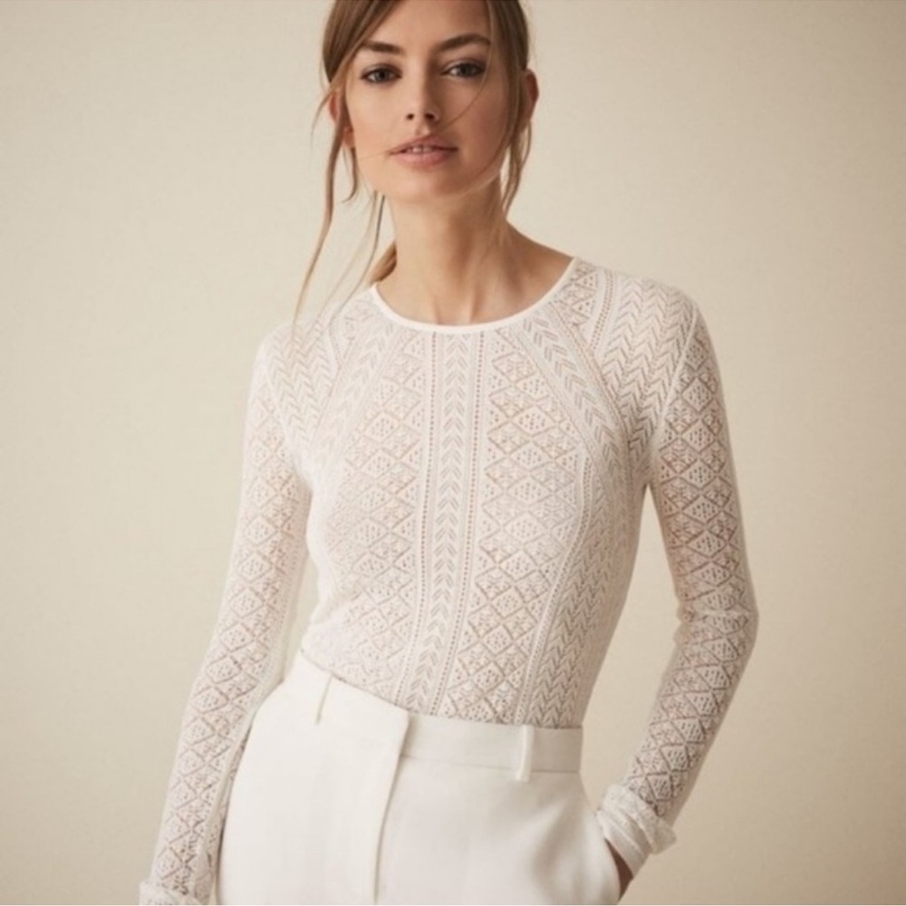 Reiss Harry Long Sleeve Open Knit Top Size Large Stretchy Semi Sheer